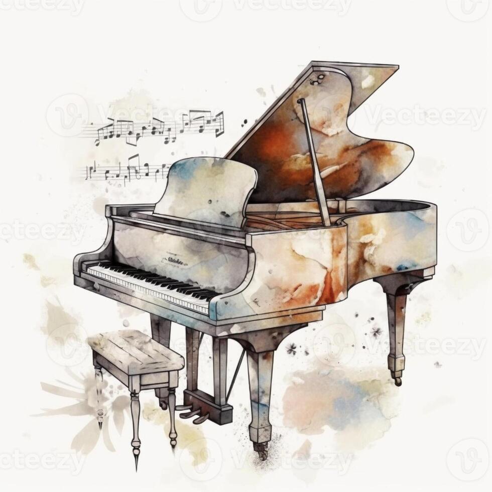 Piano and notes in watercolor style, created with generative AI photo