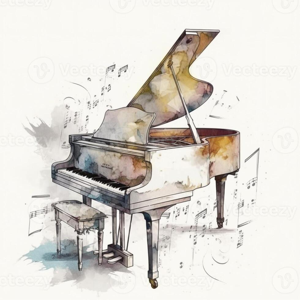 Piano and notes in watercolor style, created with generative AI photo