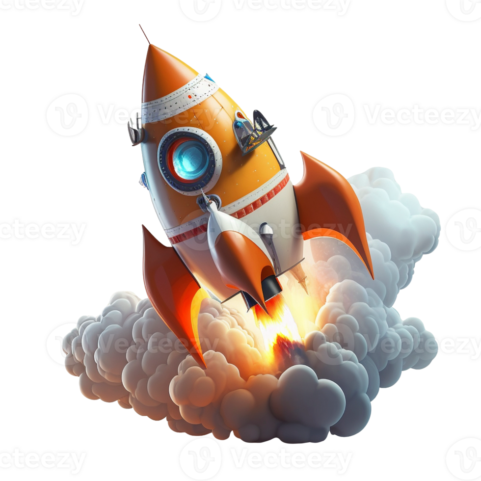 Cartoon style rocket take off in smoke on transparent background, created with generative AI png