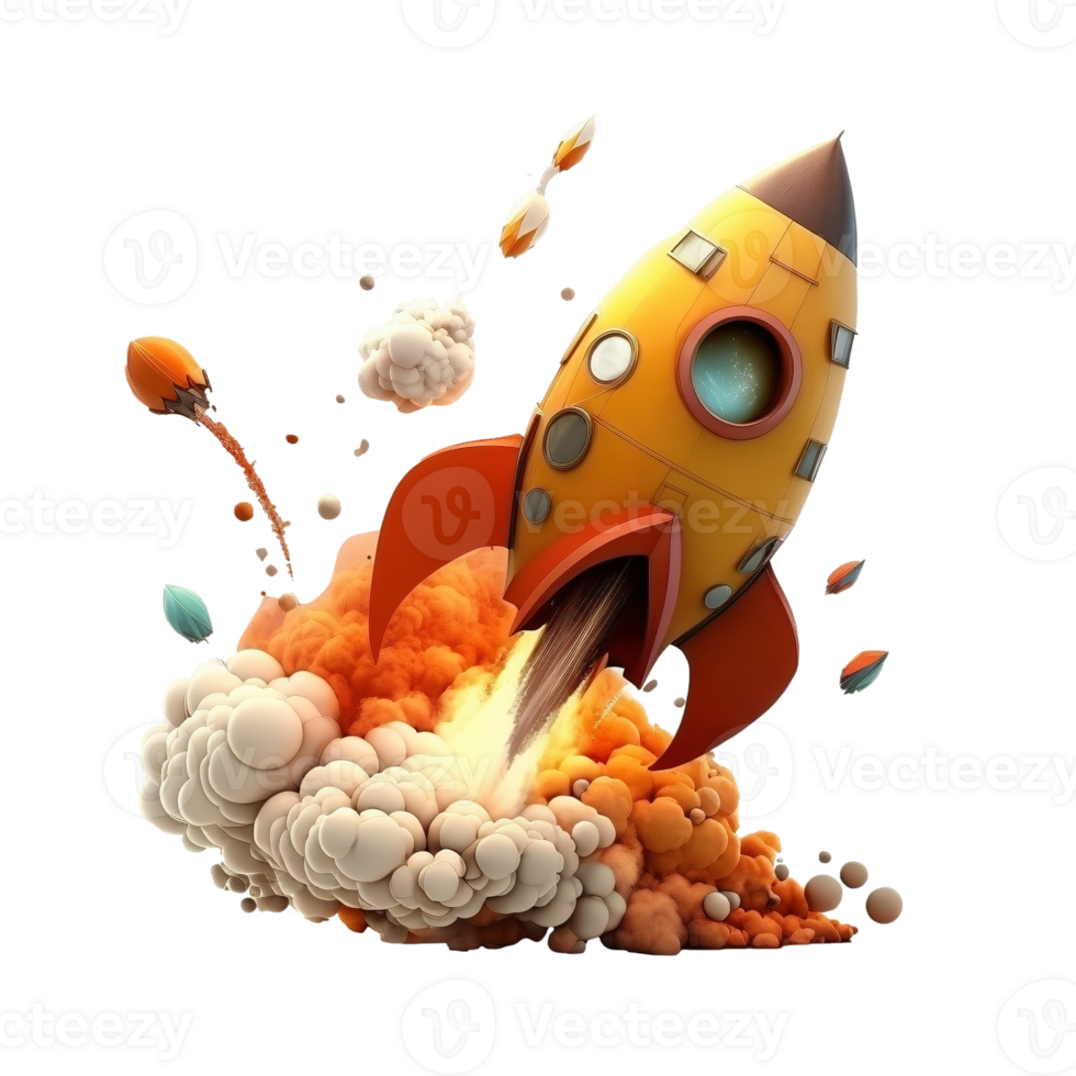 Cartoon style rocket take off in smoke on transparent background, created with generative AI png
