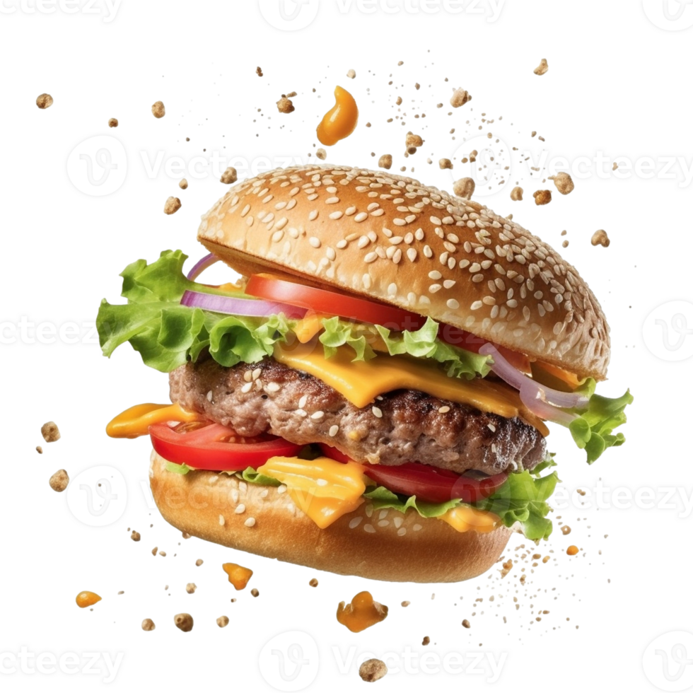 Flying burger ingredients on transparent background, created with generative AI png
