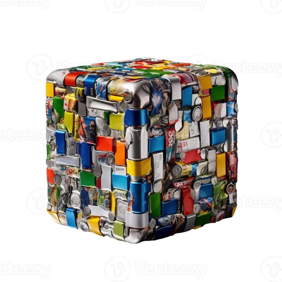 Aluminium cans waste in cube shape on transparent background, created with generative AI png