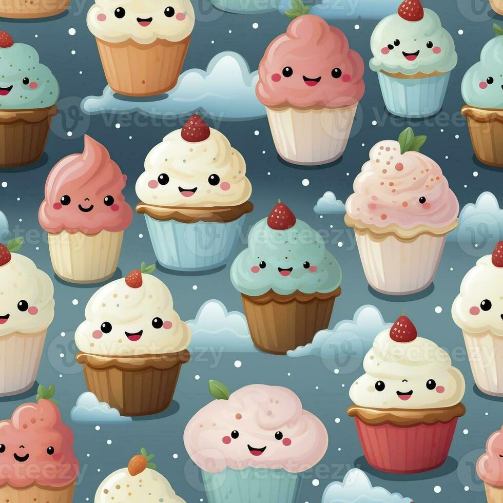 Sweet deserts in cartoon style seamless pattern, created with generative AI photo