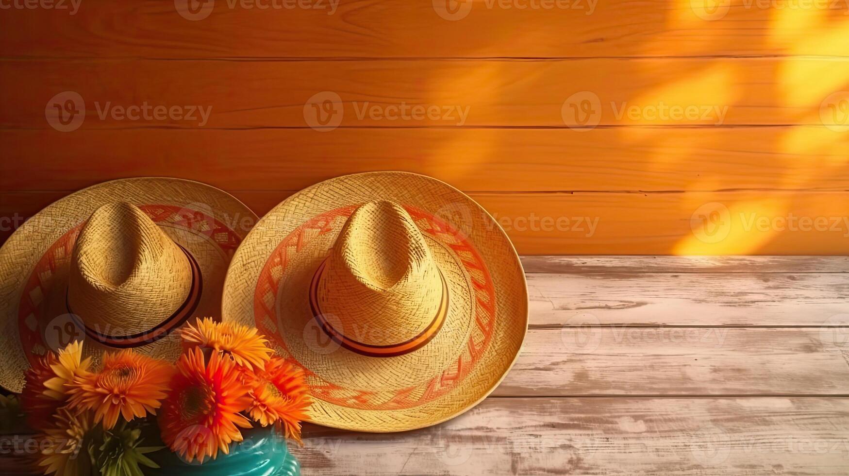 Round hat and Cinco de mayo ornament on wood background for Cinco De Mayo sale banner, photo