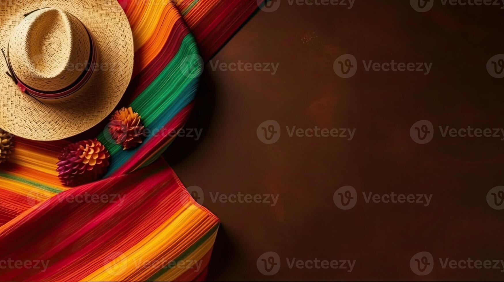Round hat and Cinco de mayo ornament on wood background for Cinco De Mayo sale banner, photo