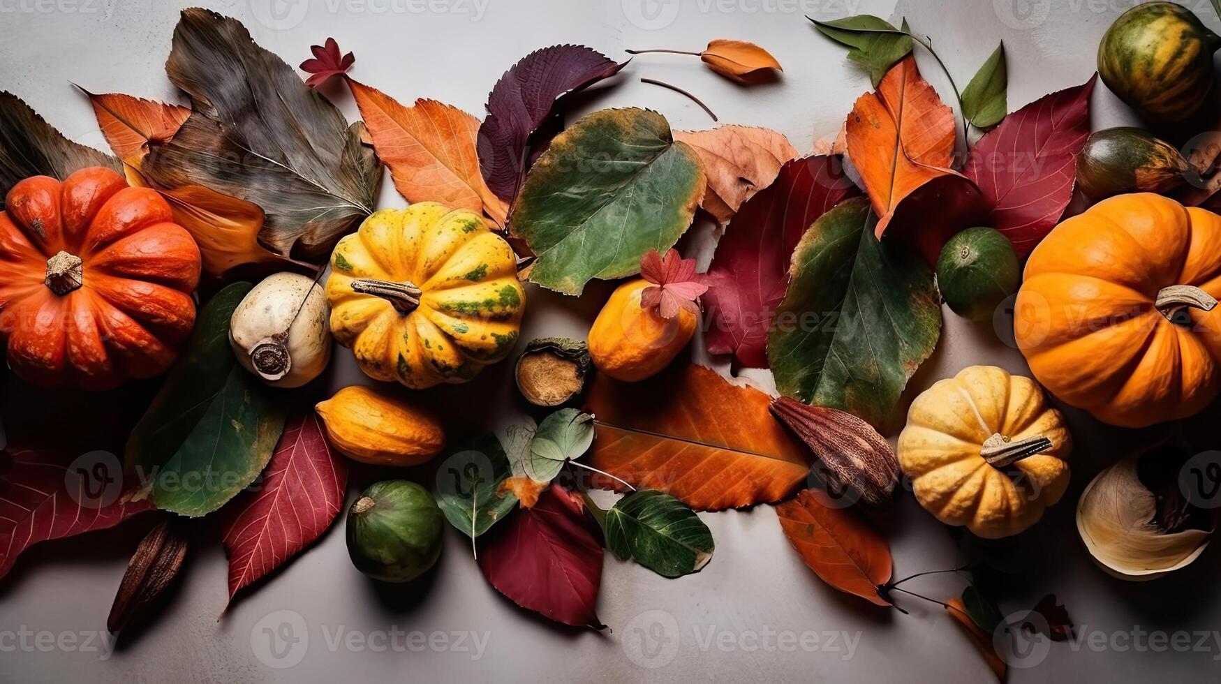 Top View of Thanksgiving day banner design of a collection of pumpkins and other vegetables, photo