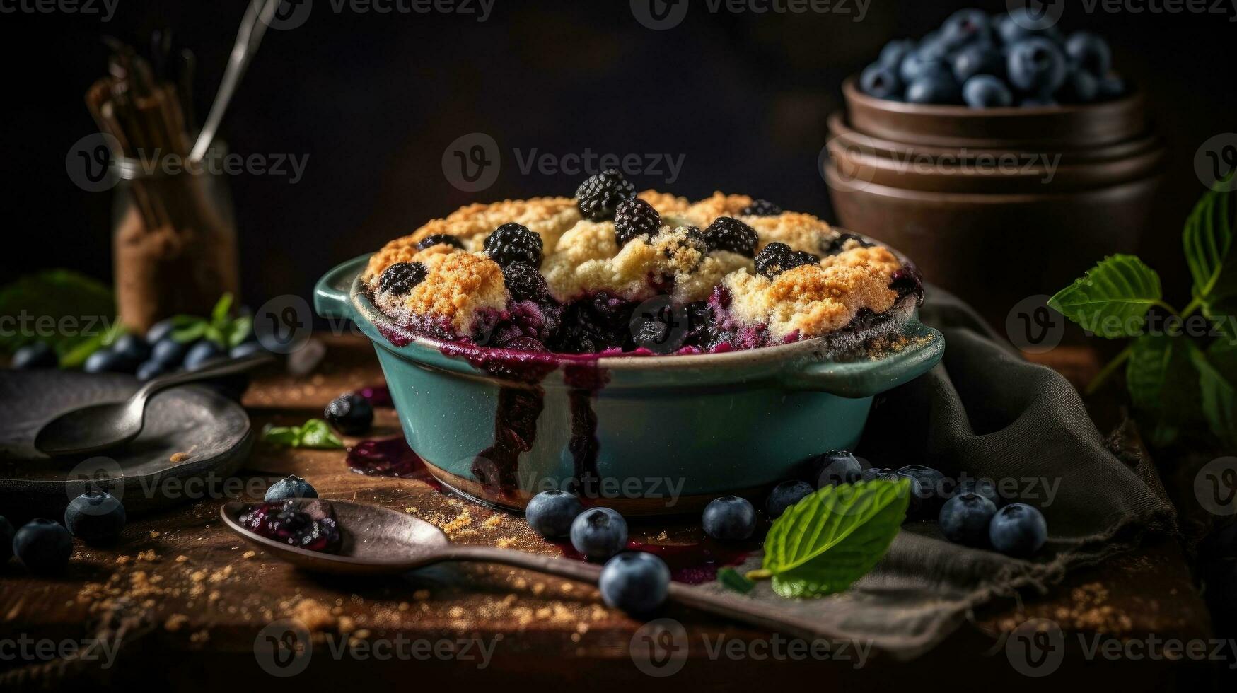 close up blueberry cobbler with blueberries fruit on a wooden table with a blurred background, AI Generative photo