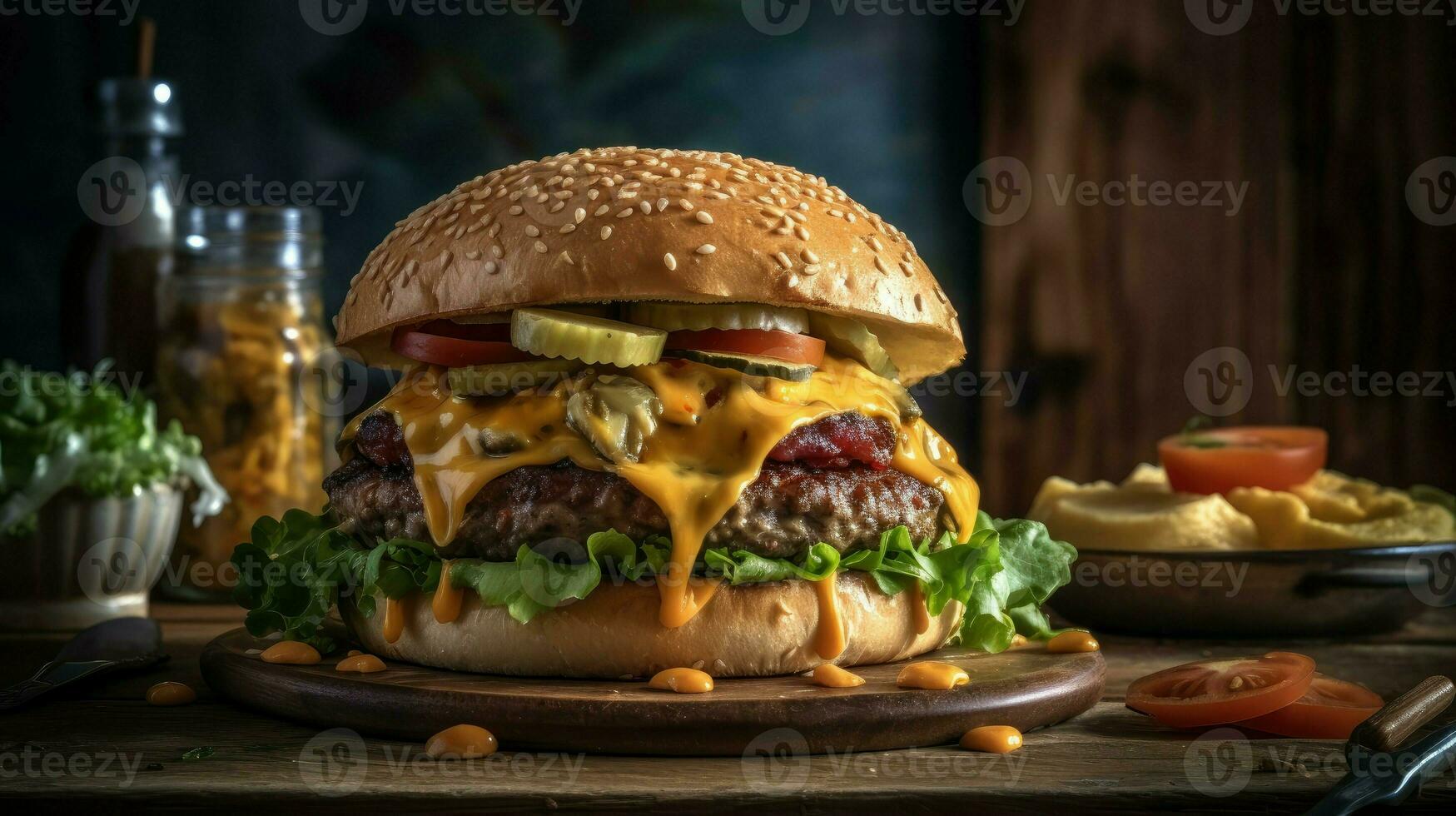 cerca arriba de un grande hamburguesa con queso en un de madera plato con un borroso fondo, ai generativo foto