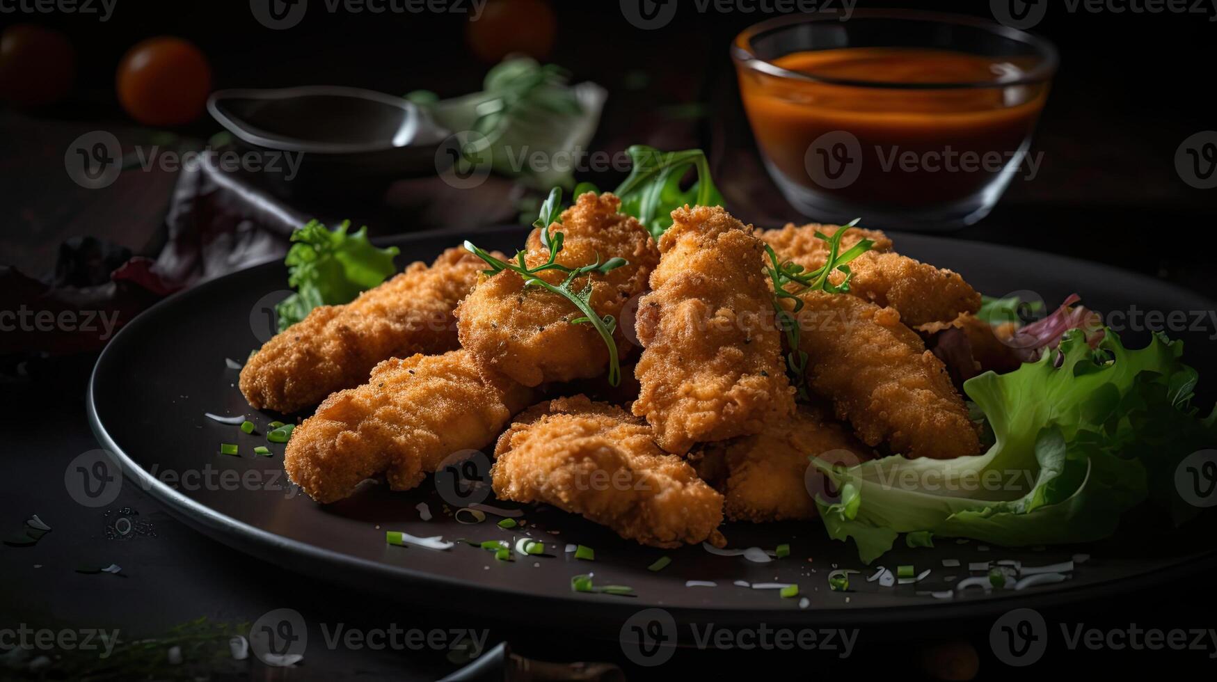 Closeup Chicken Tenders with vegetable ornament on blurred background, AI Generative photo