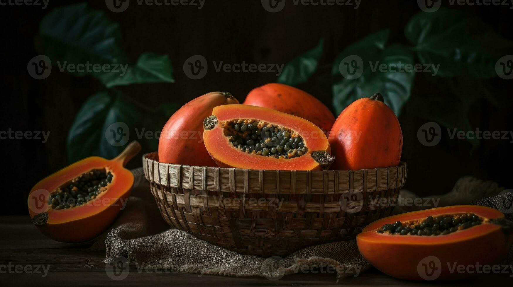 papaya frutas en un bambú cesta con difuminar fondo, ai generativo foto