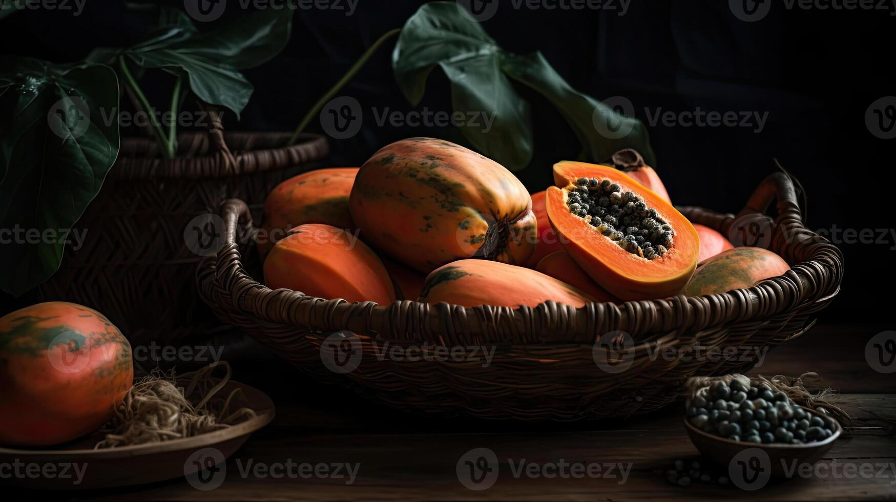 papaya frutas en un bambú cesta con difuminar fondo, ai generativo foto