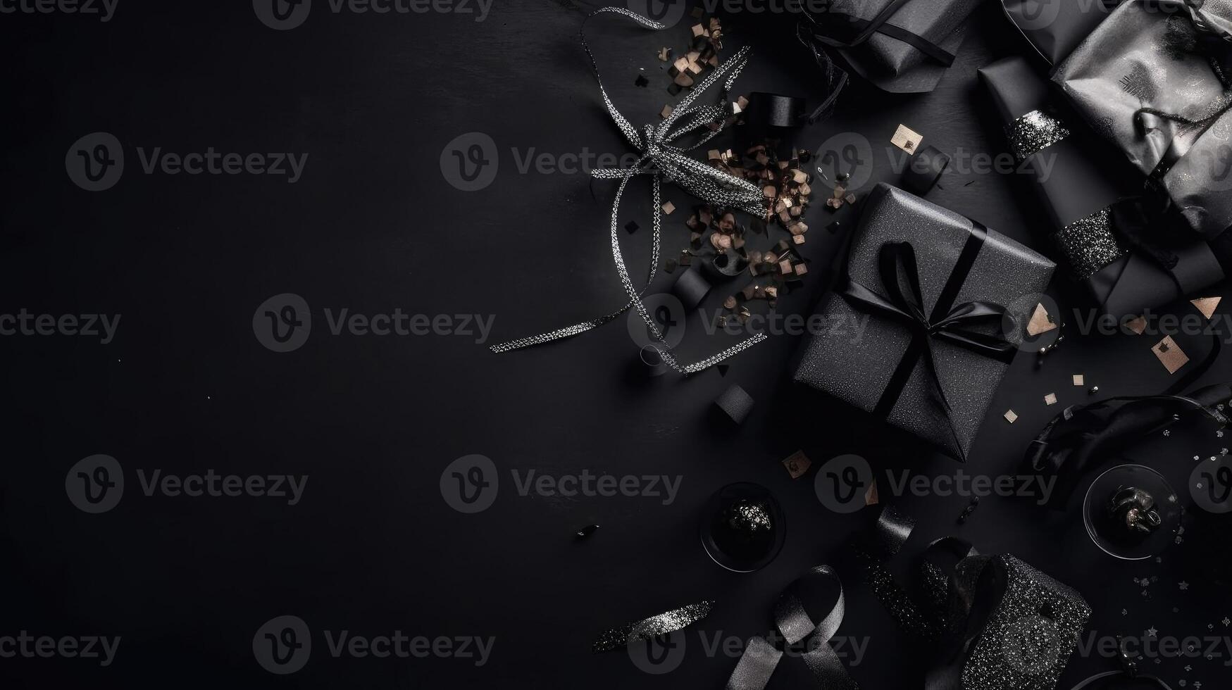 Black Friday for sale banner background with gift box and black tape on black background, AI Generative photo