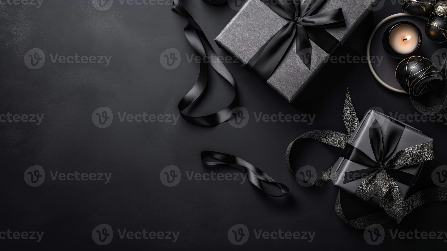 Black Friday sale banner with concept design of gift box and black tape on black background, AI Generative photo