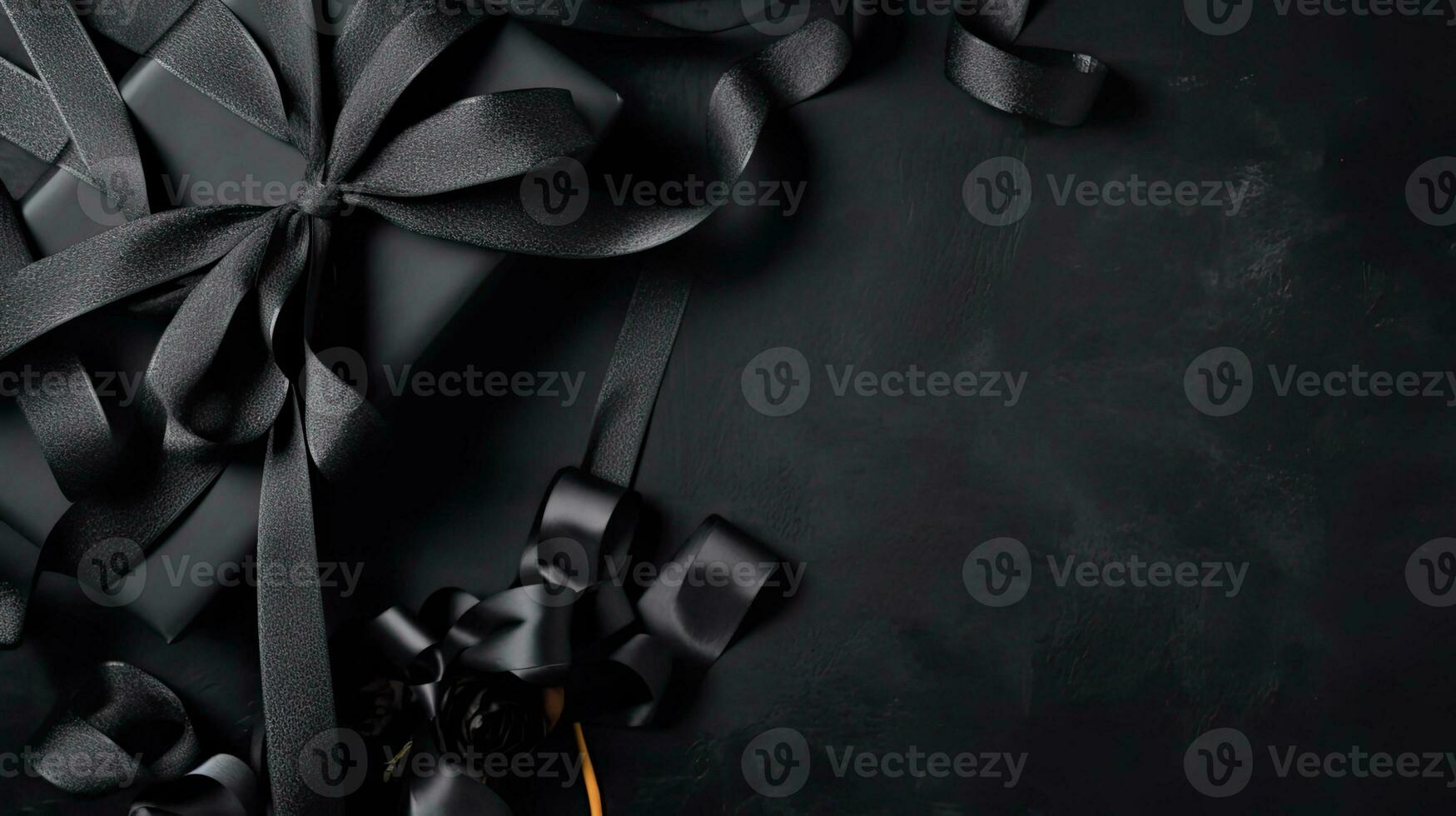 Black Friday Sale Banner Top view with black gift box and black tape on black background, AI Generative photo