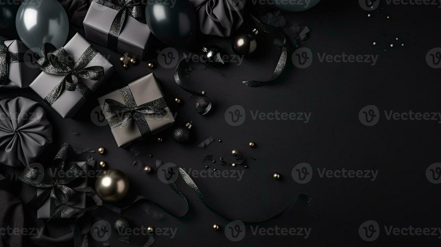 Black Friday Banner with gift box and black tape on black background, AI Generative photo