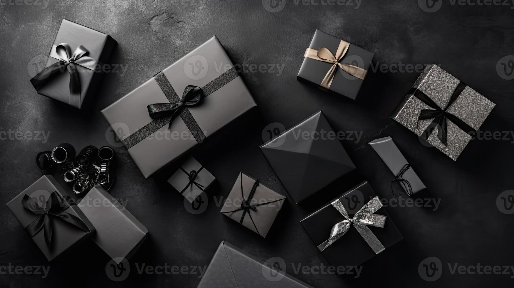 Black Friday Banner with gift box and black tape on black background, AI Generative photo