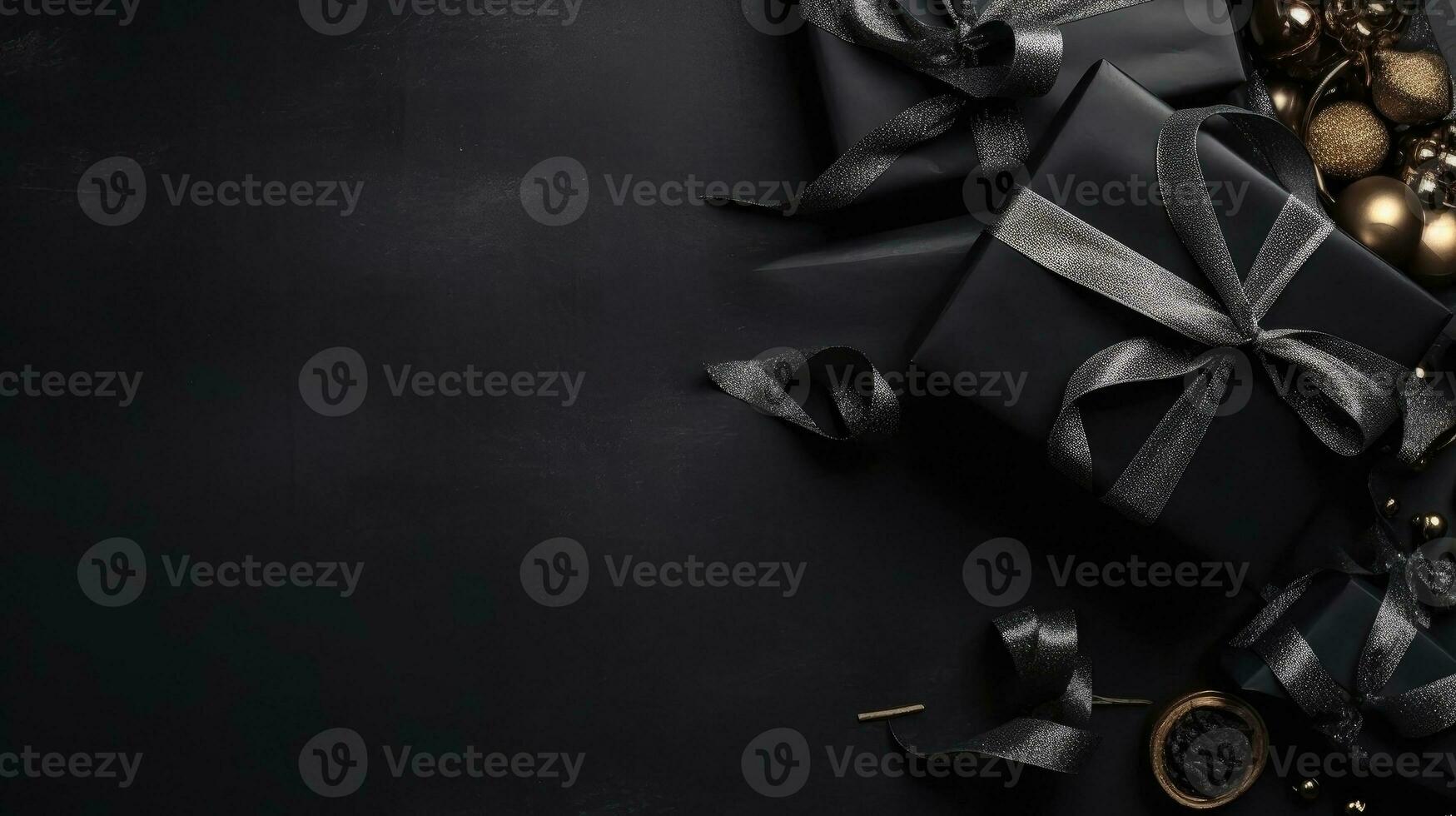 Gift box and black tape on black background for Beautiful Black Friday sale banner, AI Generative photo