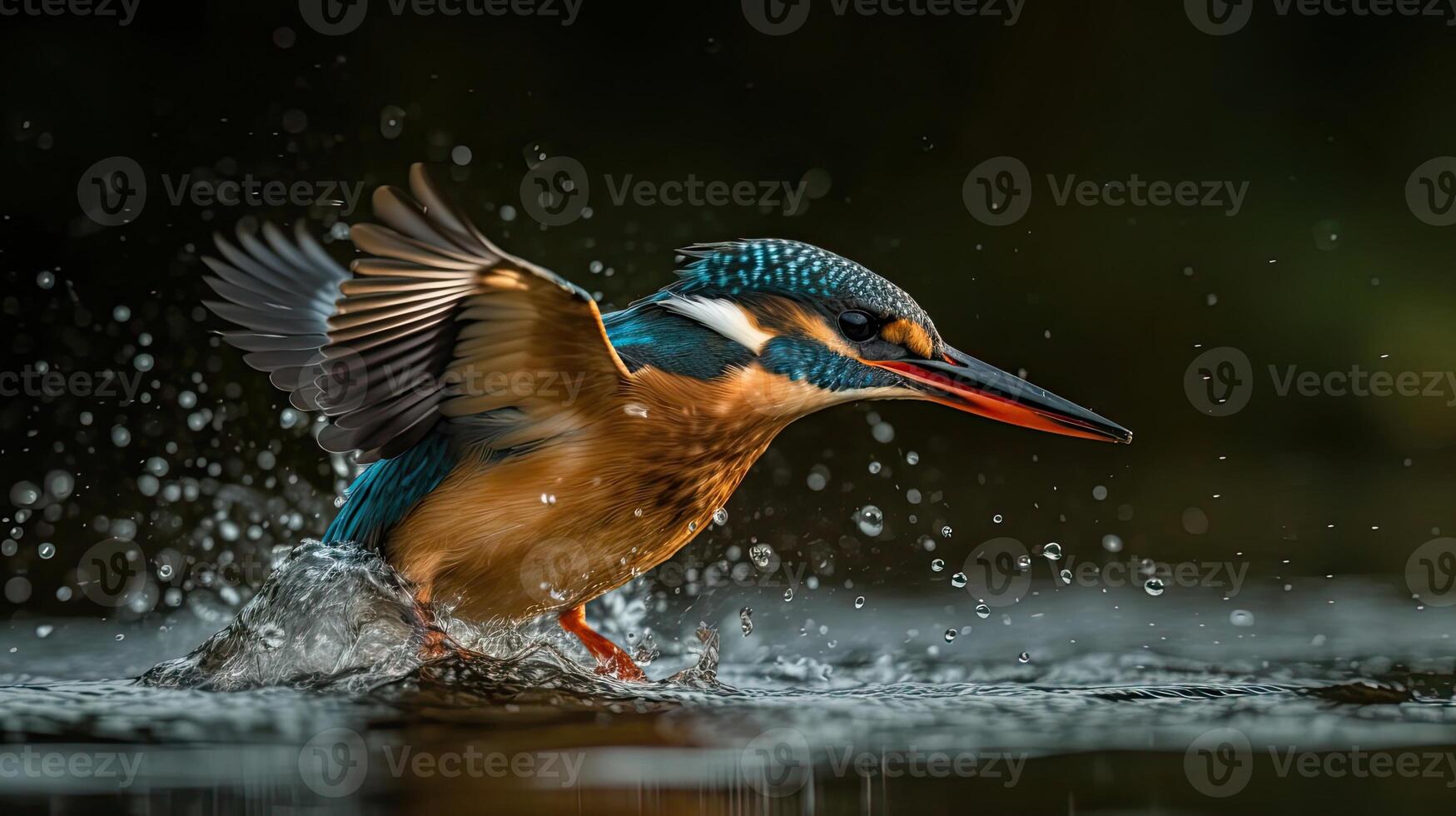 Closeup River kingfisher bird is hunting over river with blur background, photo