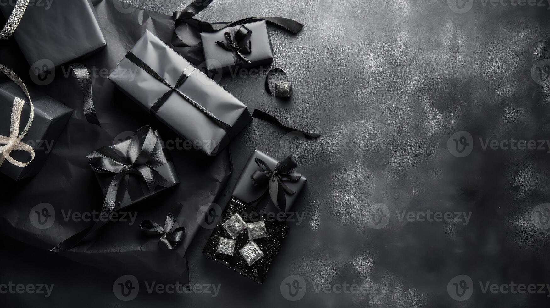 negro viernes antecedentes parte superior ver concepto diseño de regalo caja y negro cinta en negro fondo, ai generativo foto