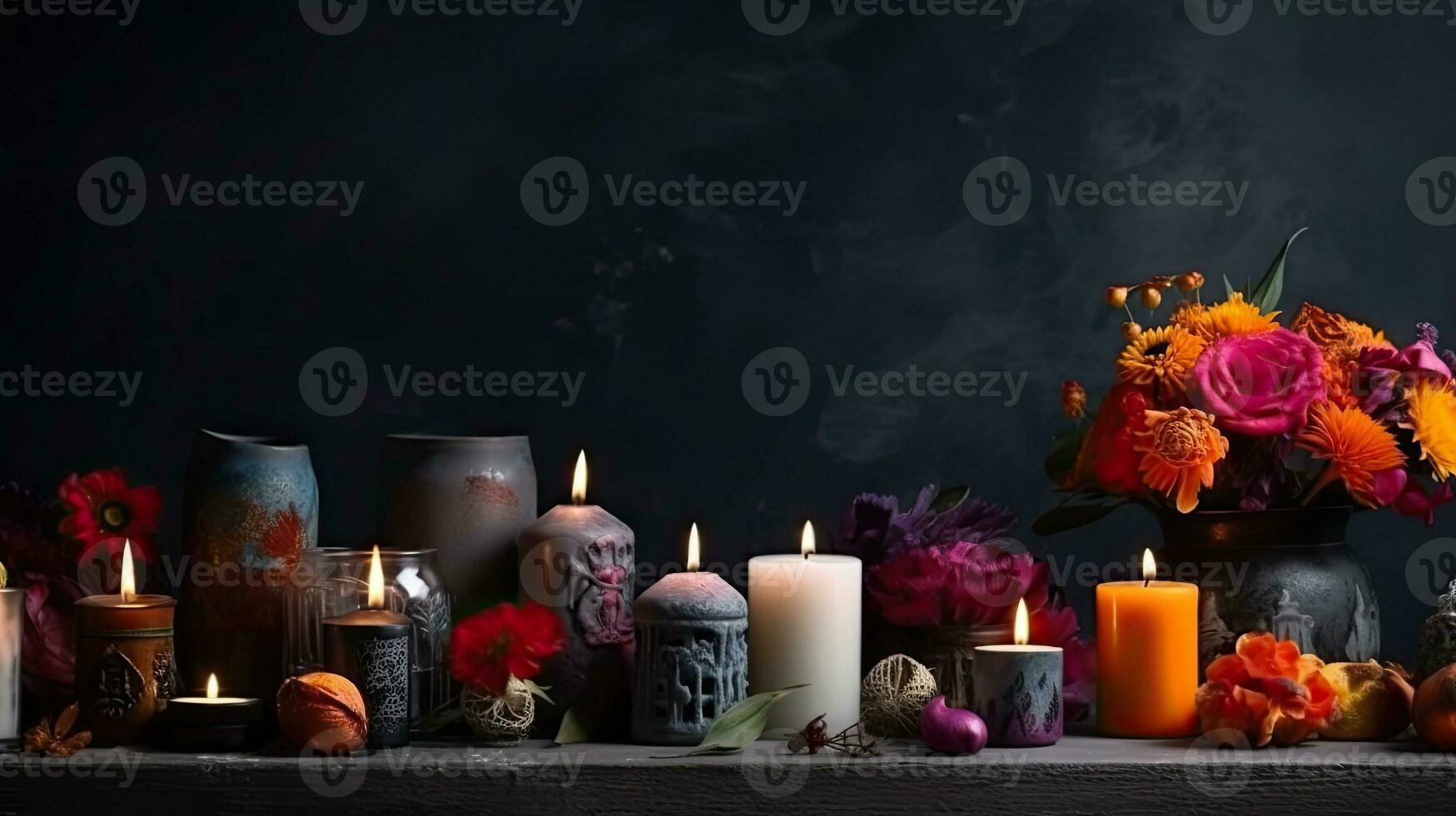 Side View Day of the Dead banner concept design of candles and flowers on black background, AI Generative photo