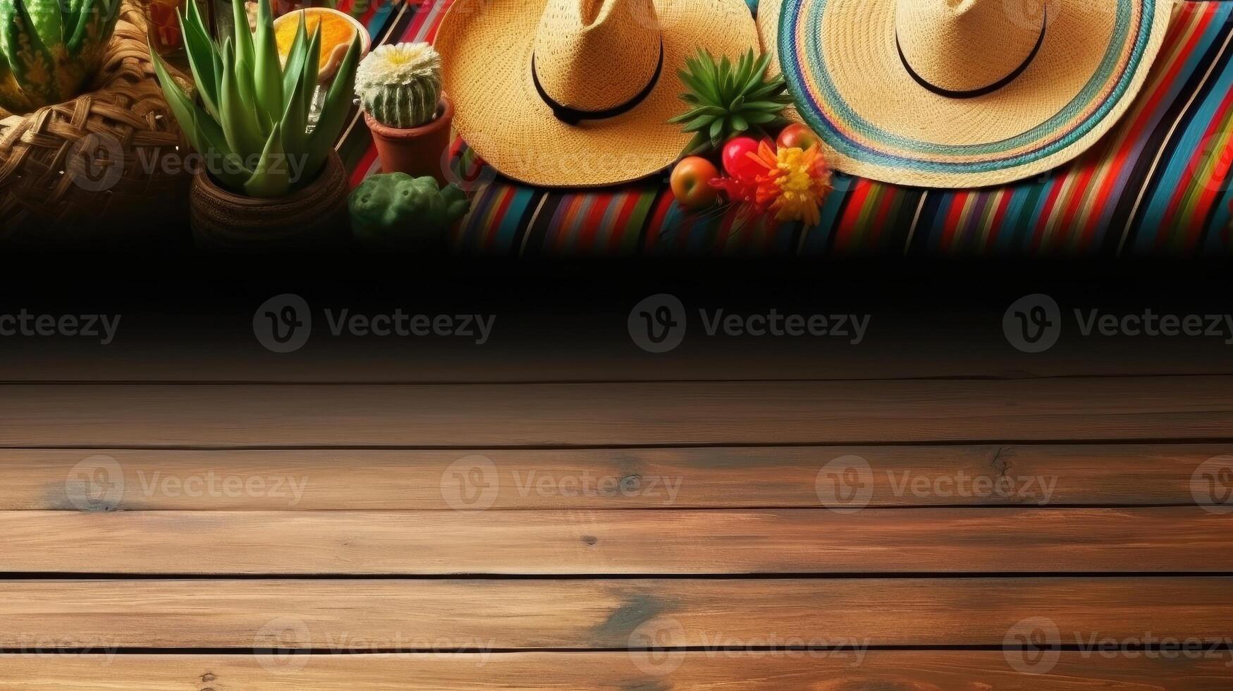 Top View Cinco De Mayo banner concept design of Round hat and Cinco de mayo ornament, photo