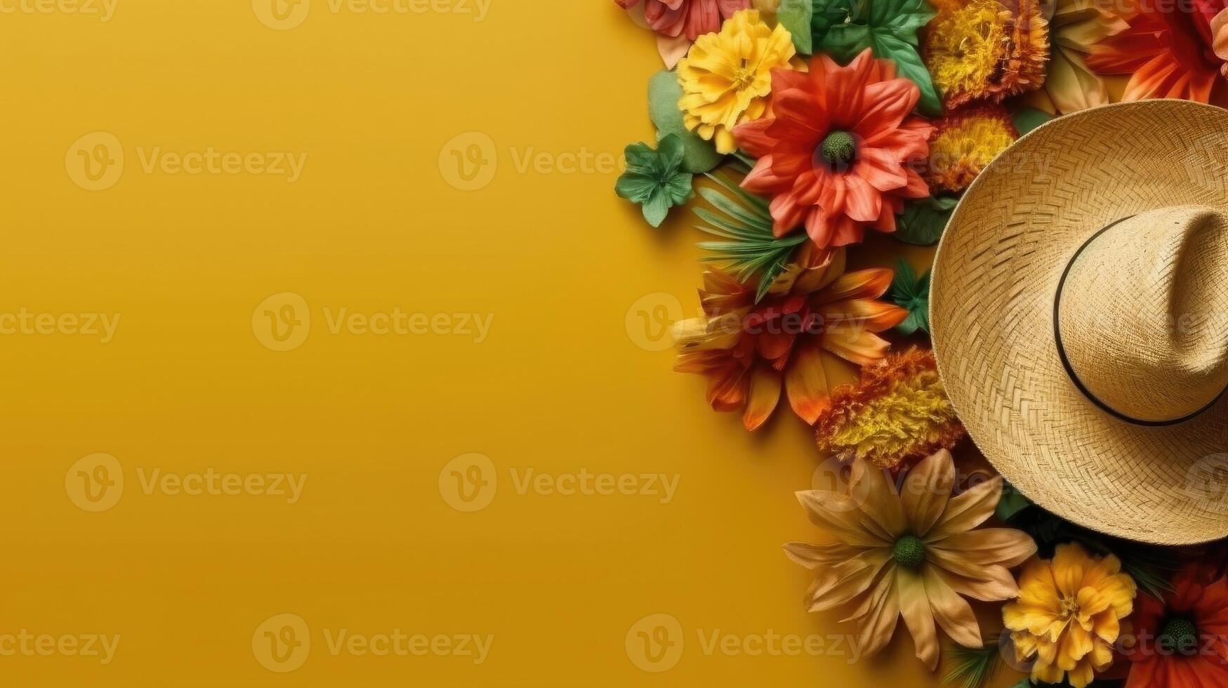 Top View Cinco De Mayo banner concept design of Round hat and cinco de mayo ornament on wood background, photo