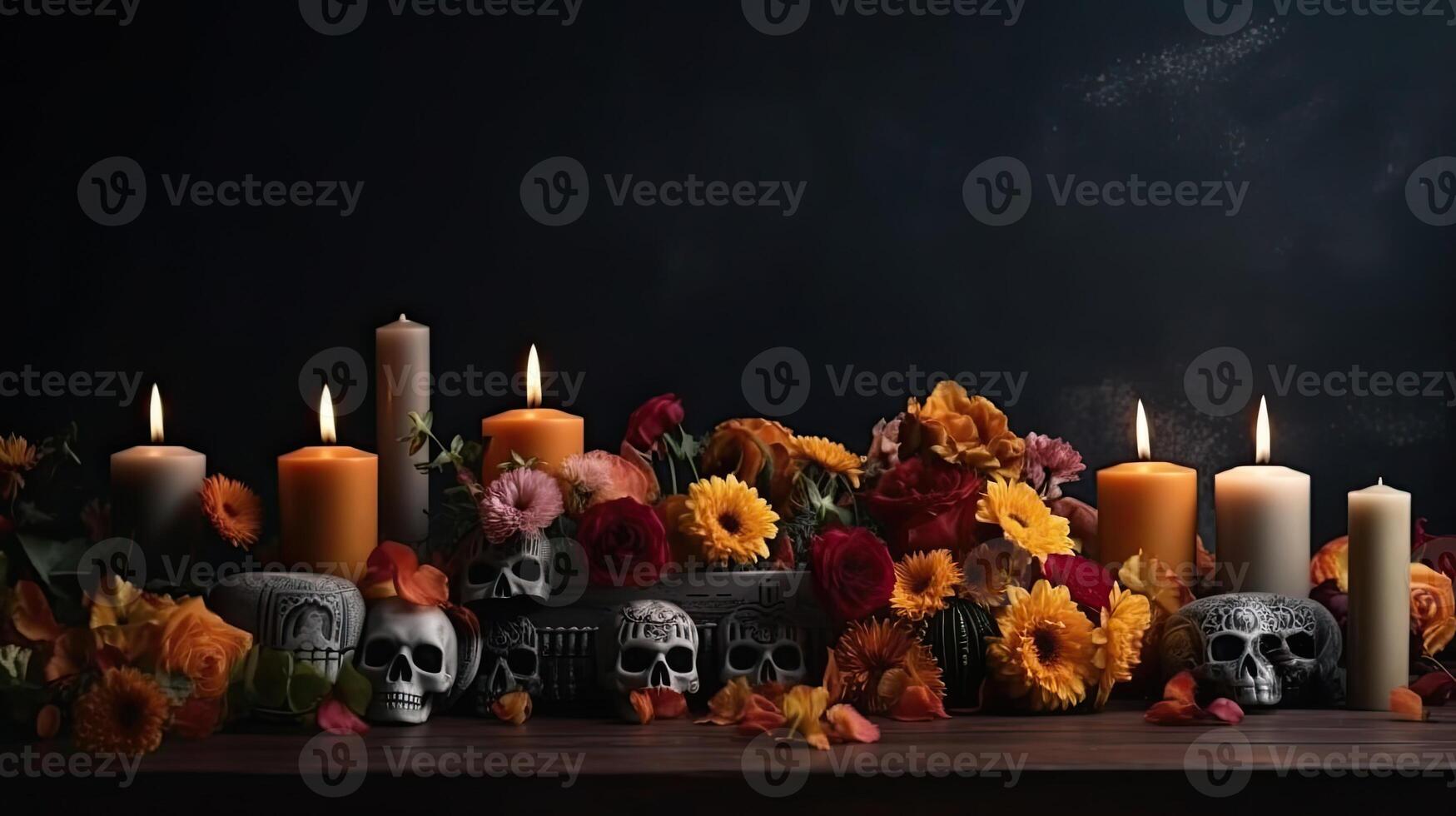 Day of the Dead for sale banner background with candles and flowers on black background, AI Generative photo