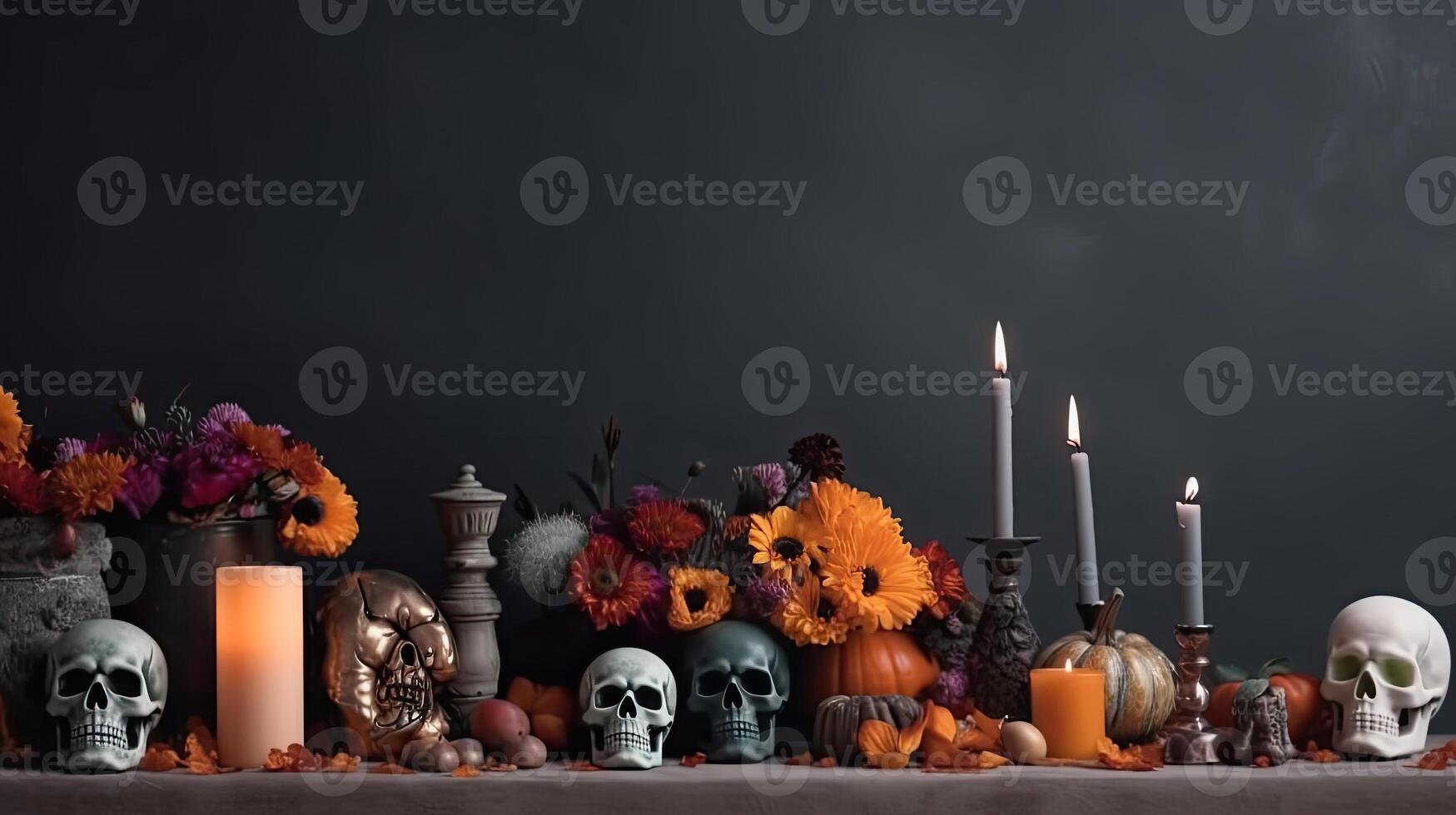 Side View Day of the Dead banner concept design of skulls, candles and flowers, AI Generative photo