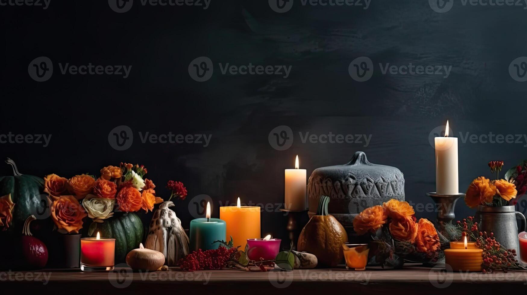 Day of the Dead sale banner background with candles and flowers, AI Generative photo