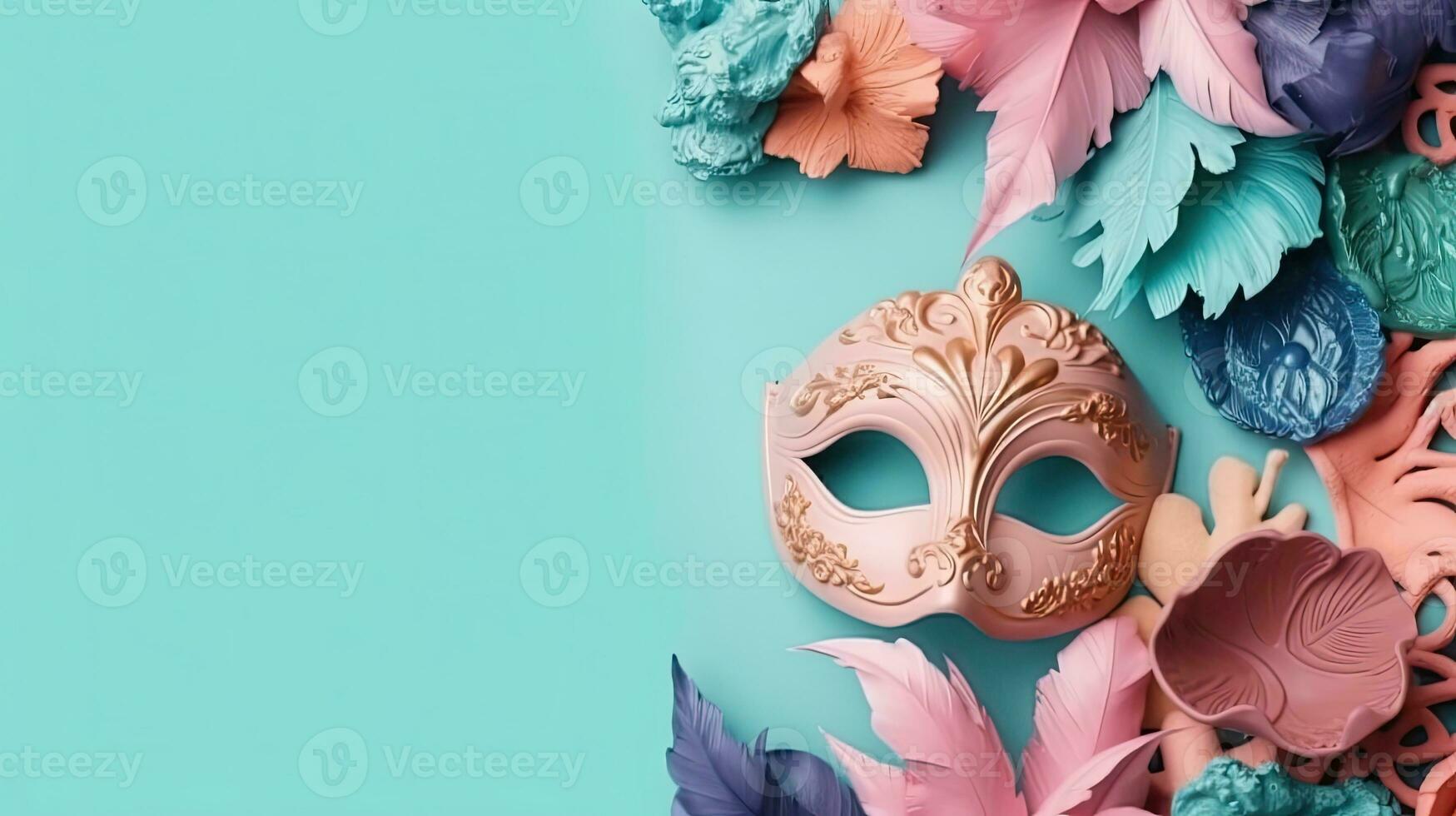 Top view of carnival masks, and carnival ornaments on pastel background, AI Generative photo