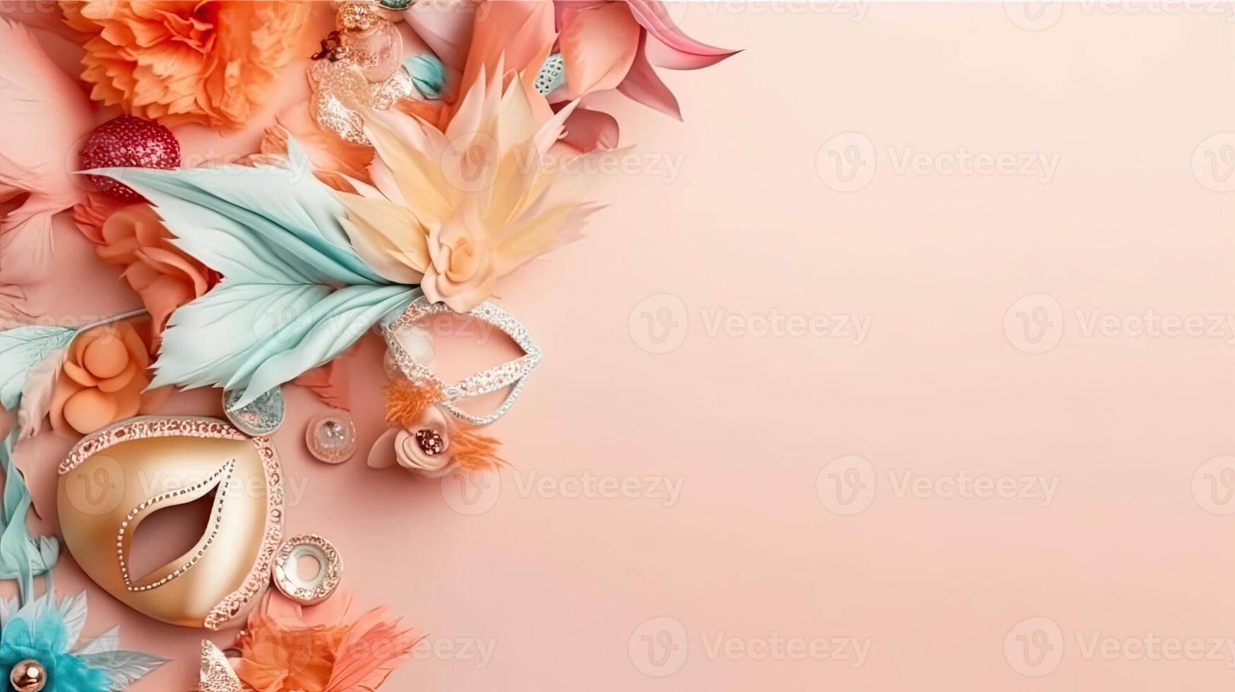 carnival masks, bird feathers and carnival ornaments on pastel background, AI Generative photo