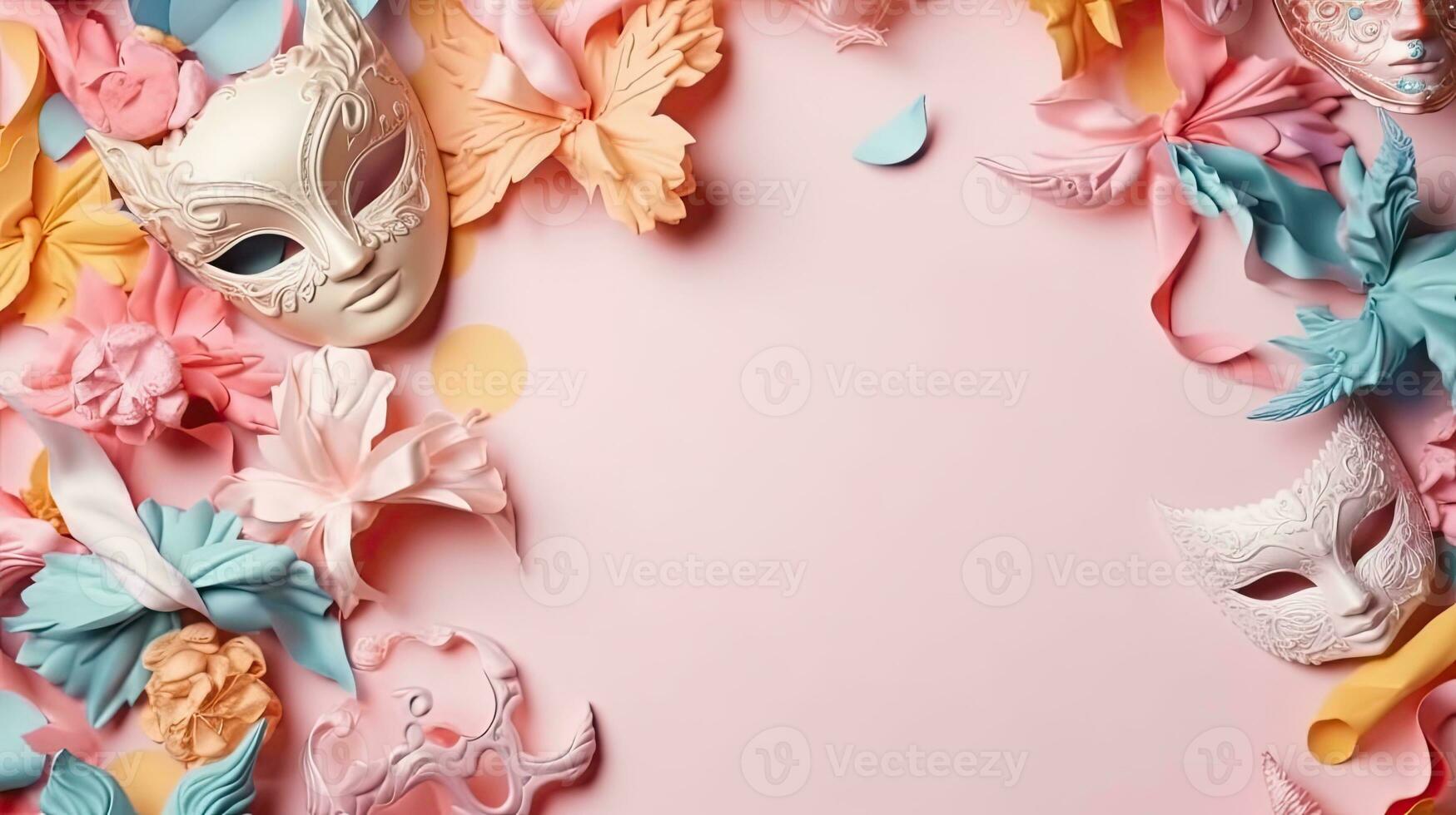 concepto diseño de carnaval mascaras, y carnaval adornos en pastel fondo, ai generativo foto