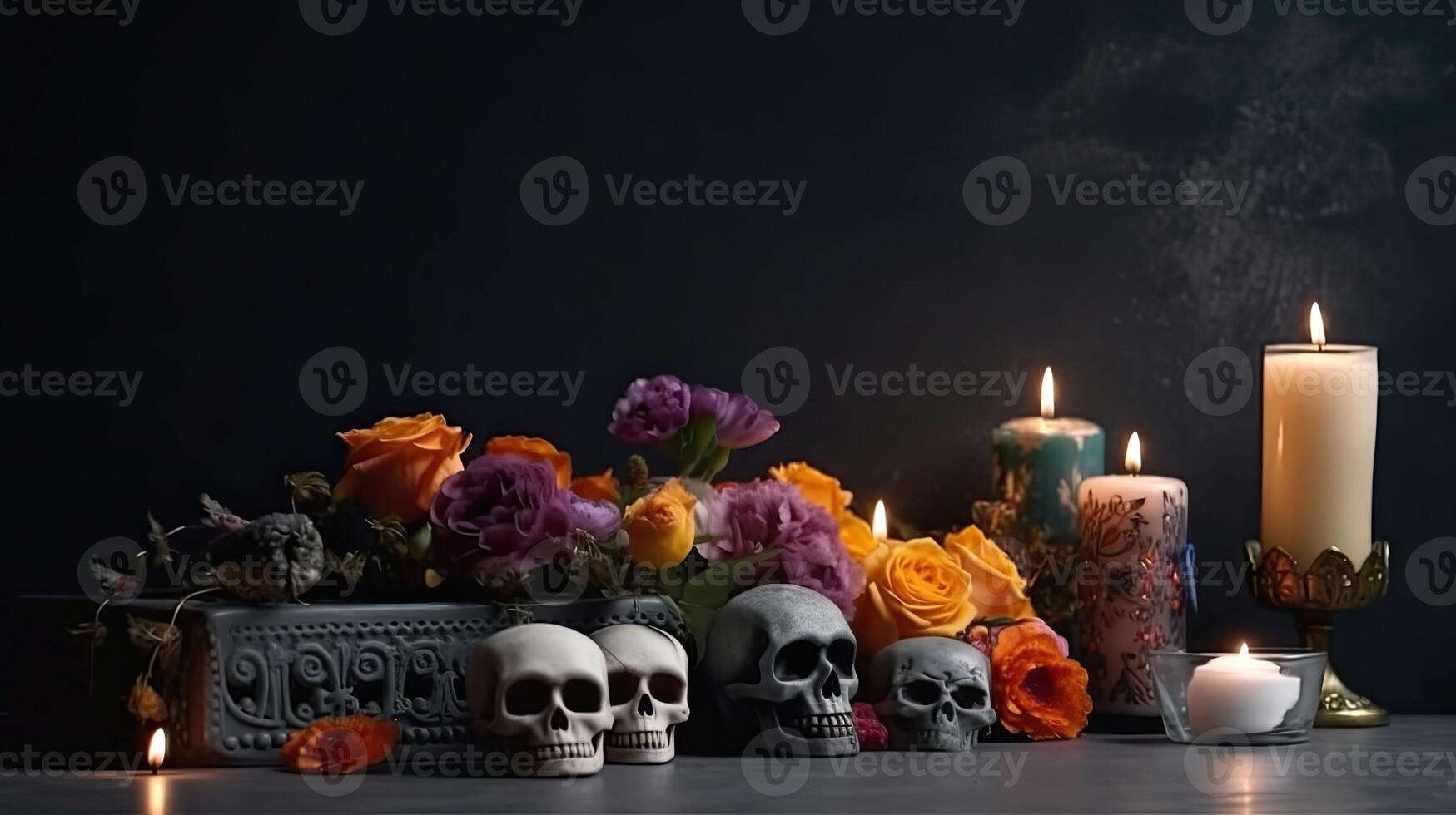 Side View concept design of Day of the Dead banner background, AI Generative photo