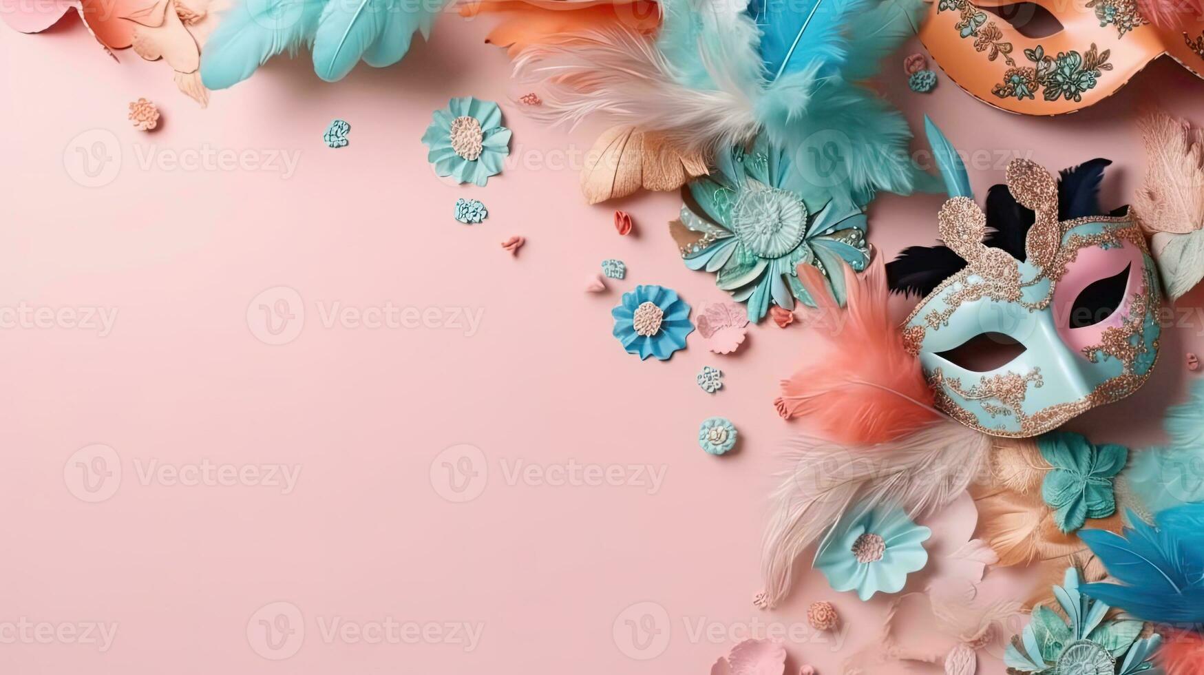 Background design sale banner for Carnival with carnival masks on pastel background, AI Generative photo