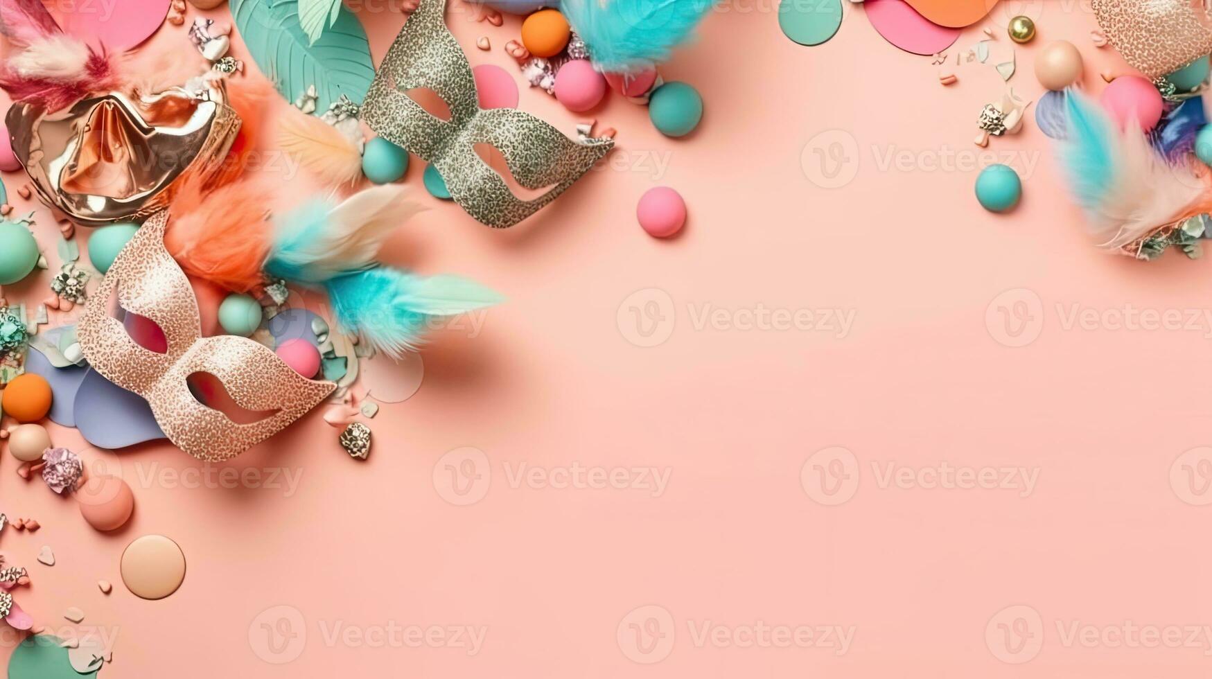Carnival masks and carnival ornaments on pastel background, AI Generative photo