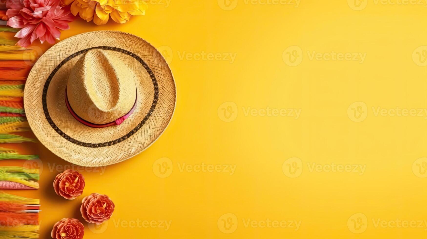 Cinco De Mayo with Round hat and Cinco de mayo ornament on wood background for banner design, AI Generative photo