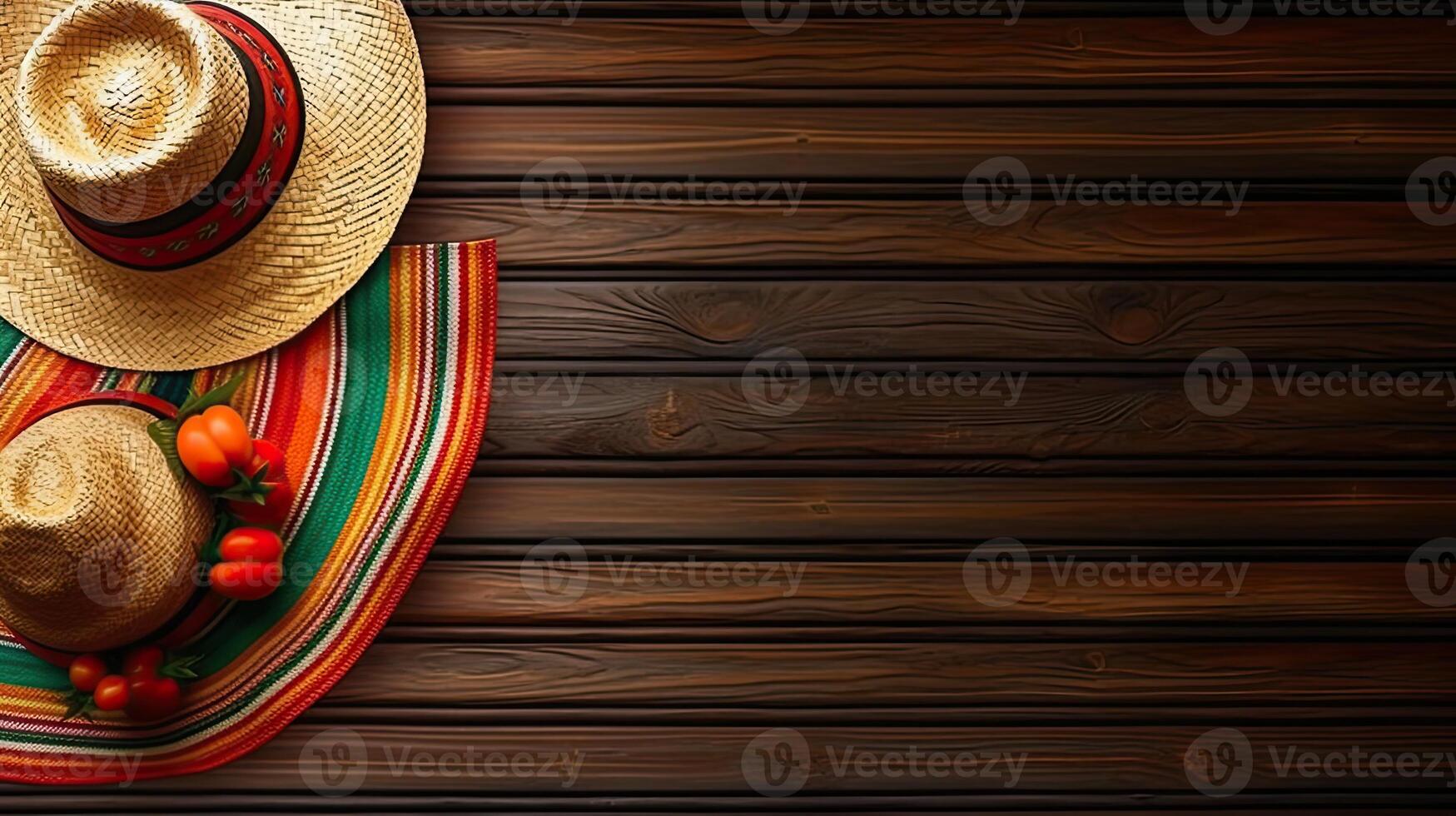 Cinco De Mayo with Round hat and Cinco de mayo ornament on wood background, photo