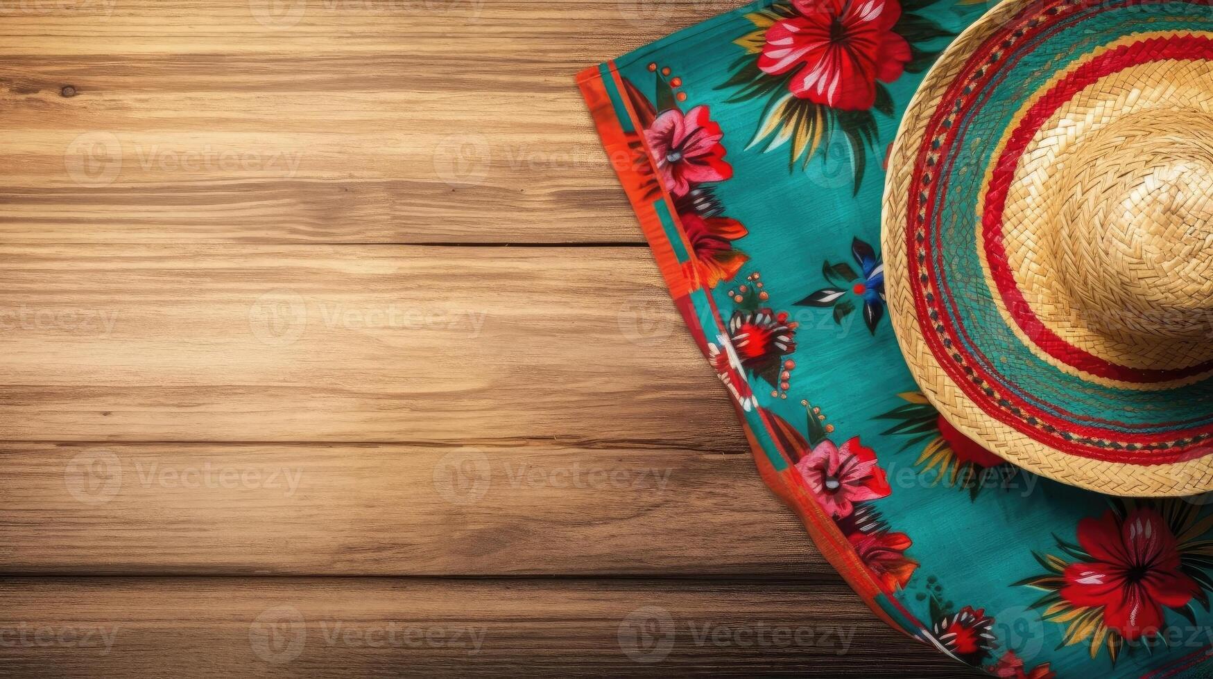 Cinco De Mayo with Round hat and Cinco de mayo ornament on wood background for banner design, photo