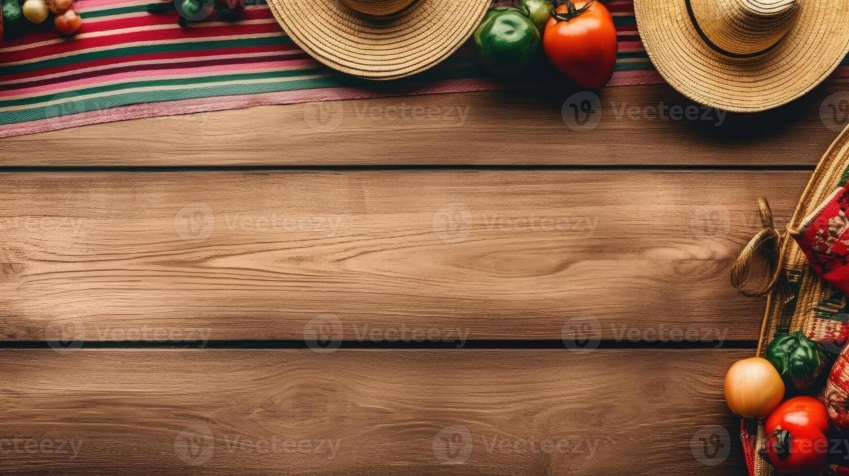 Top View Cinco De Mayo banner concept design of Round hat and cinco de mayo ornament on wood background, photo