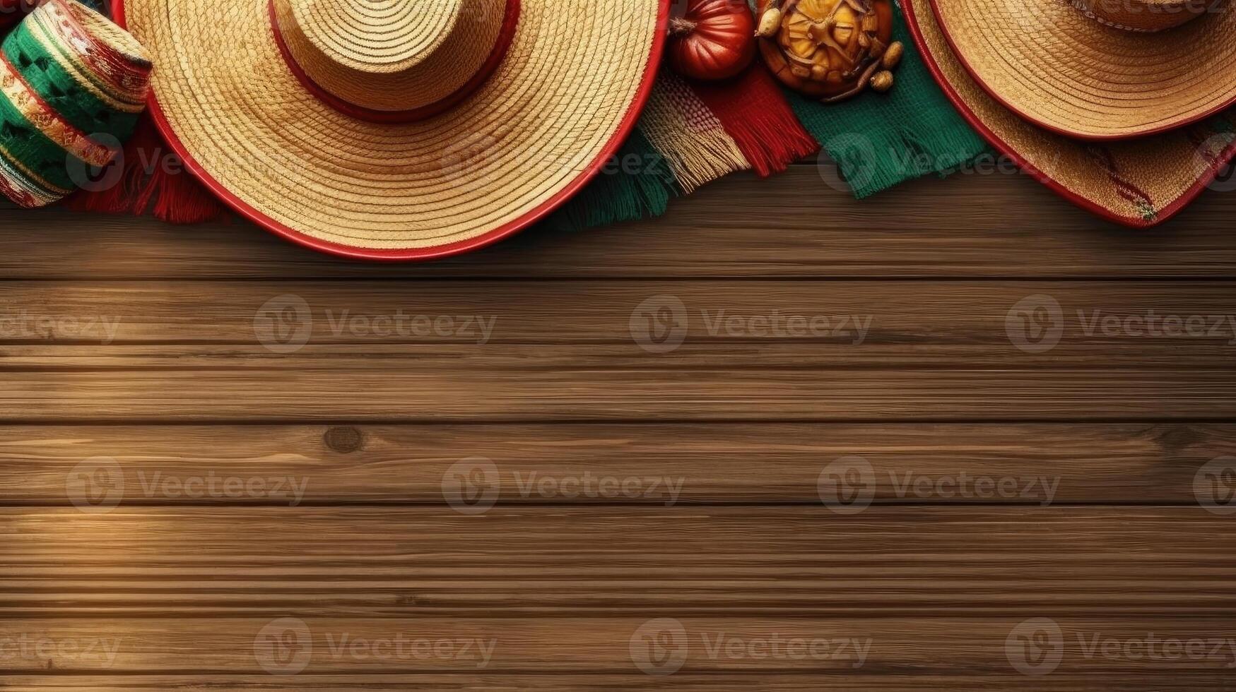 Top View Cinco De Mayo banner concept design of Round hat and Cinco de mayo ornament, photo