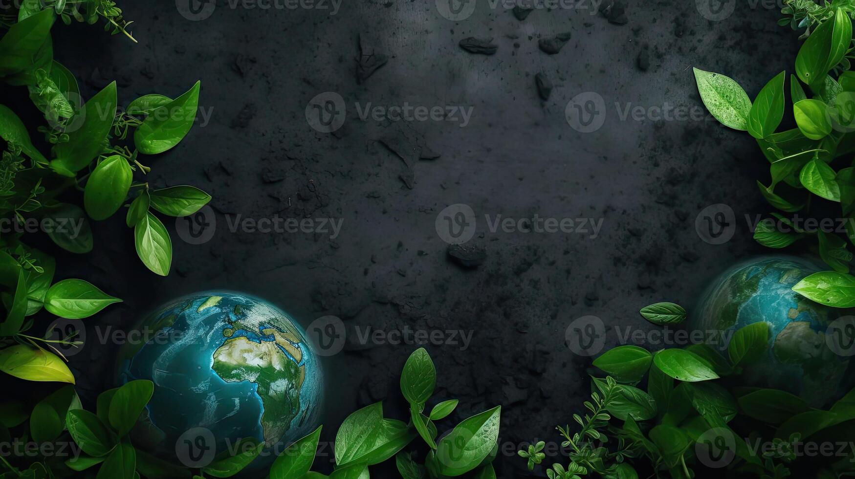 Top View of plants, plant seeds and miniature earth on rock background, photo