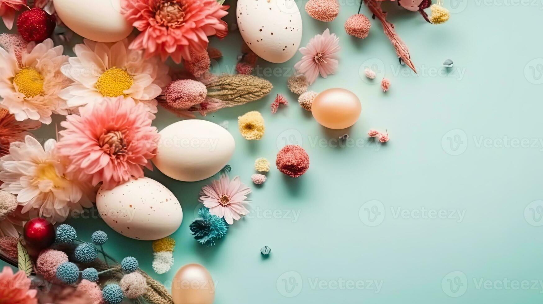 Happy Easter Day for sale banner background with colorful eggs and plants on pastel background, AI Generative photo