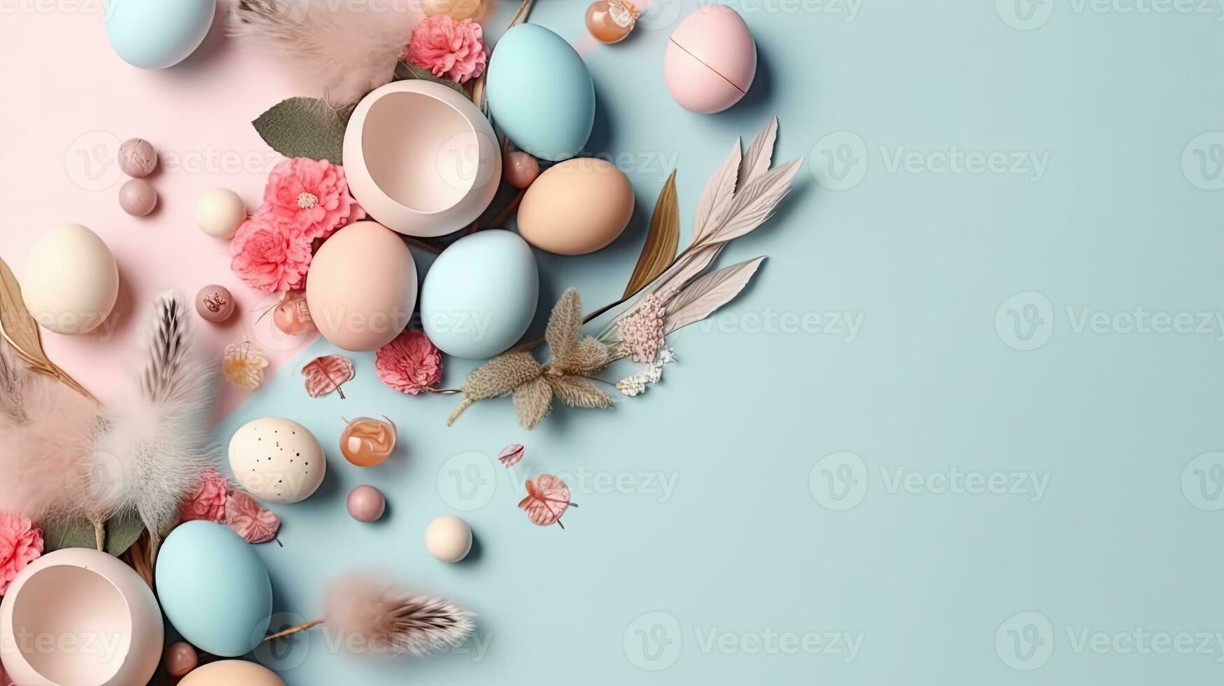 Top View of Happy Easter Day banner concept design of colorful eggs and plants, AI Generative photo