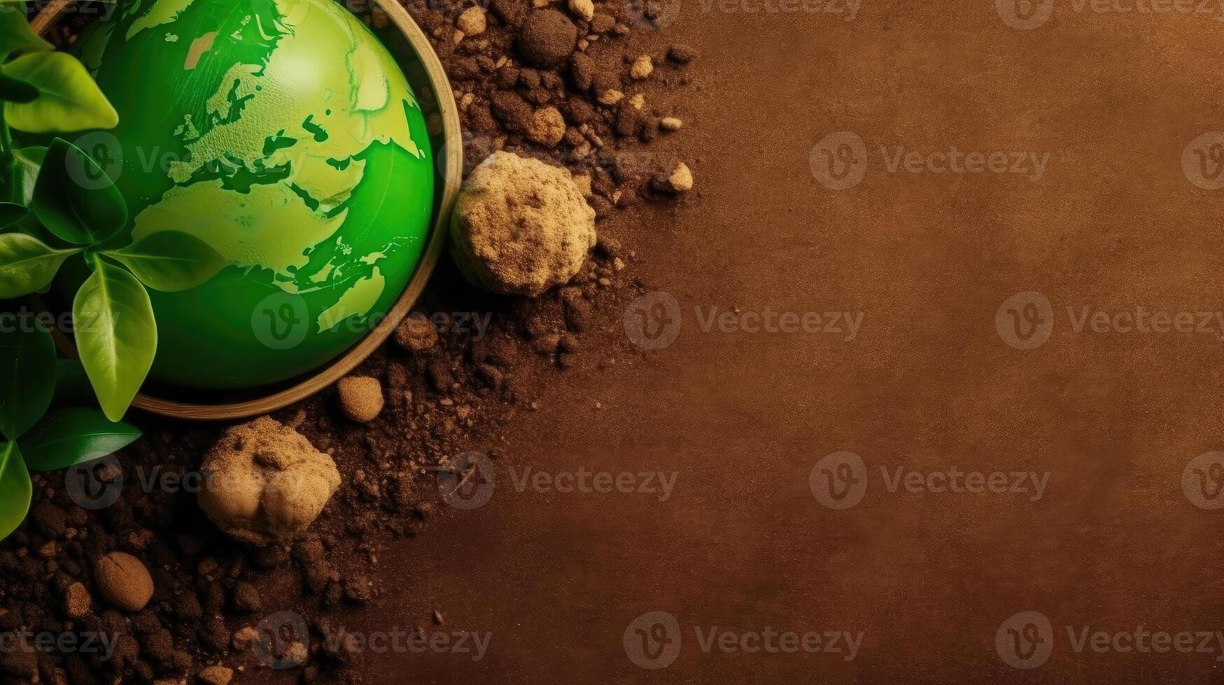 Top View of Earth Day banner concept design of plants, plant seeds and miniature earth, photo