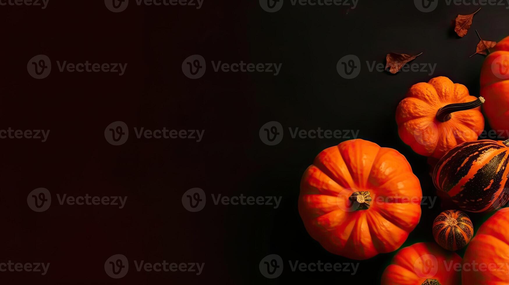 Top View of Halloween banner concept design of bunch of orange pumpkins on spooky background, AI Generative photo