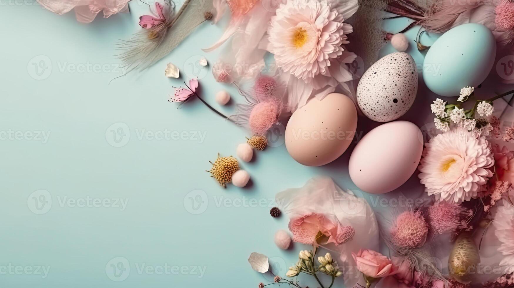 Top View of Happy Easter Day background with colorful eggs and flowers on pastel background, AI Generative photo