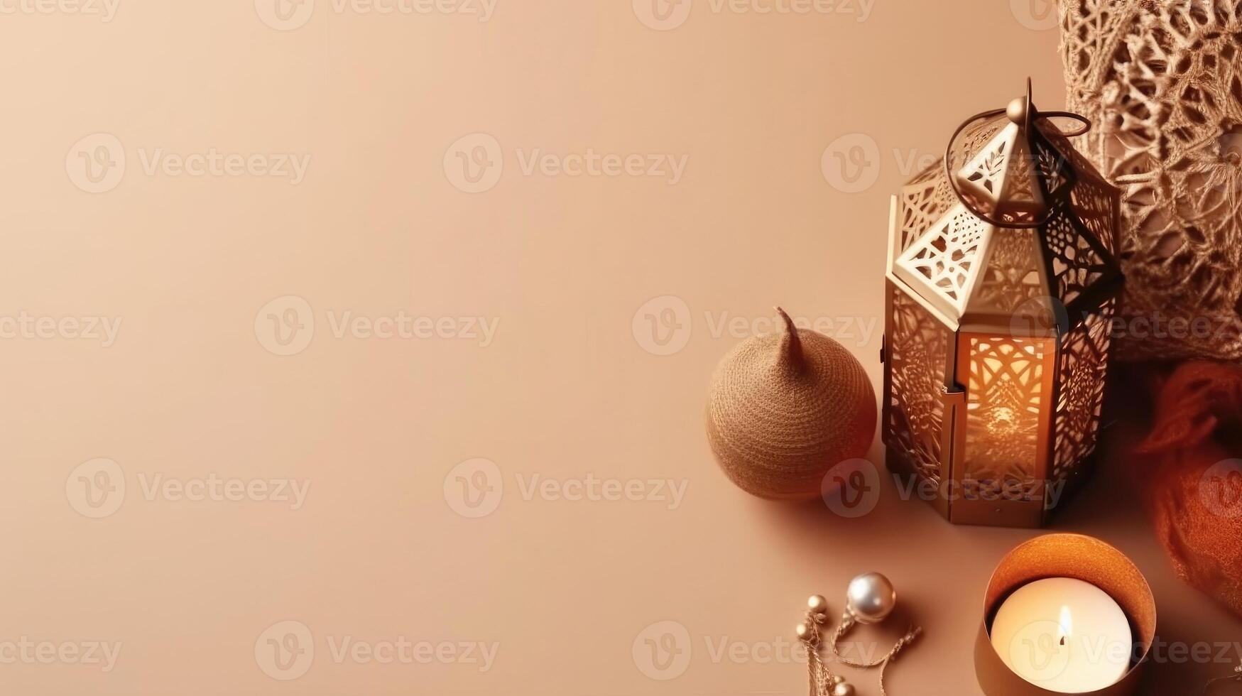 Ramadan for sale banner background with Ramadan lamps and candles, AI Generative photo