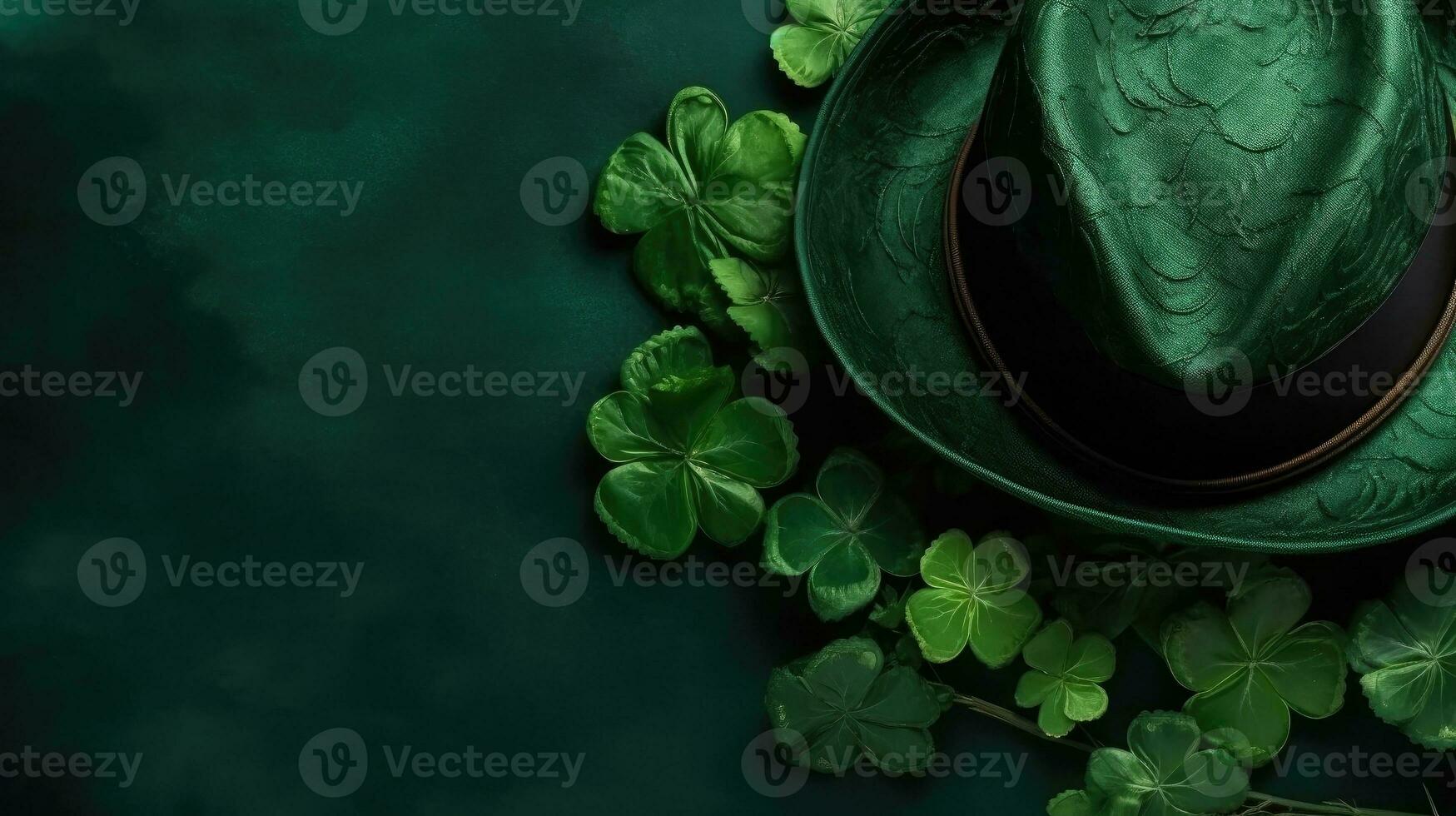 Perfect Concept Design background for St Patrick's sale banner with green hat and green leaves, AI Generative photo