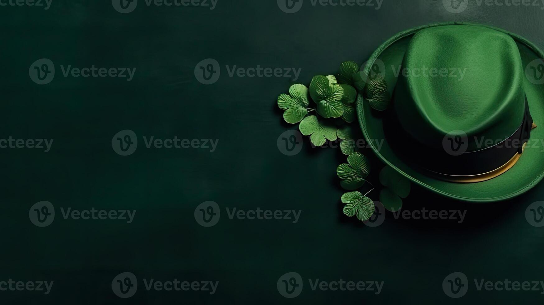 Top View of St Patrick's banner concept design of green hat and green leaves on green pastel background, AI Generative photo