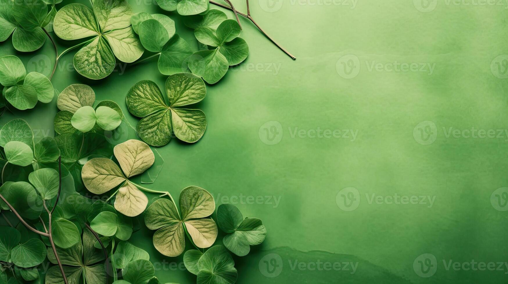 Top View of St Patrick's banner concept design of green leaves on green pastel background, AI Generative photo